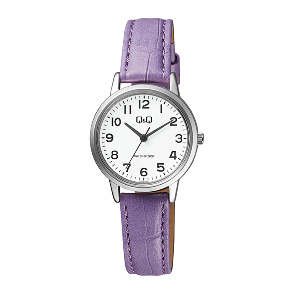 Reloj de pulsera con correa de Cuero Morado con esfera de color Blanco con estilo Fashion resistencia al agua de 30 metros